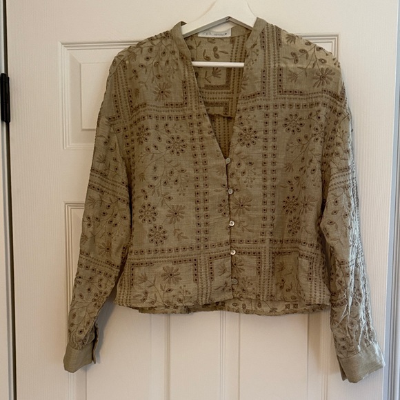 Zara Tops - Zara Olive Embroidered Blouse